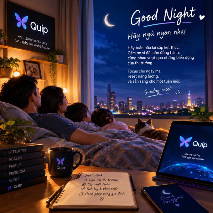 A family sits on a bed looking out a window at a nighttime city skyline with a crescent moon, accompanied by a cat. The image features branding for 'Quip' with text 'Post-Quantum Security for a Brighter Web3 Future', 'Good Night', 'Hãy ngủ ngon nhé!', 'Focus cho ngày mai, reset năng lượng, và sẵn sàng cho một tuần mới', 'Sunday reset', and a to-do list titled 'Next Week'.