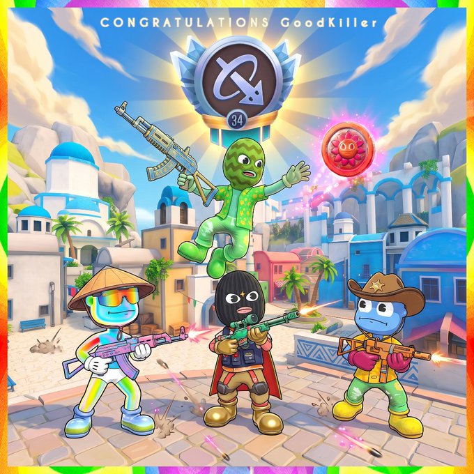 A vibrant game victory screen celebrates "GoodKiller" reaching level 34, featuring colorful cartoon characters armed with weapons in a Mediterranean-style village setting, with a prominent badge displaying the number 34. The festive congratulations message and level-up badge directly reflect the post's excitement about hitting a new milestone in the game.