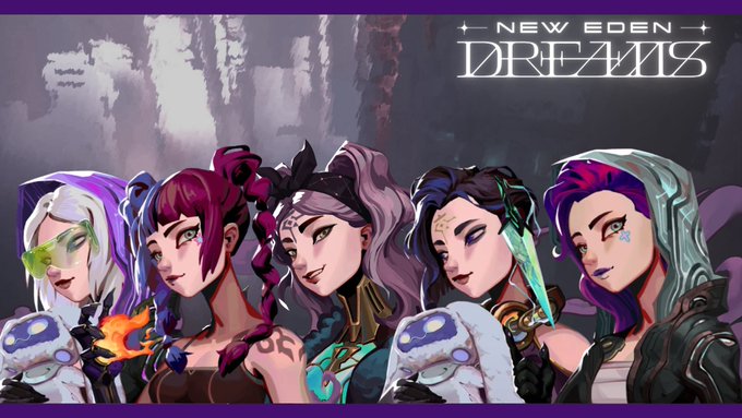 A promotional banner for "New Eden Dreams" featuring stylized character art of five female figures with colorful hair, holding items including a bone club.
