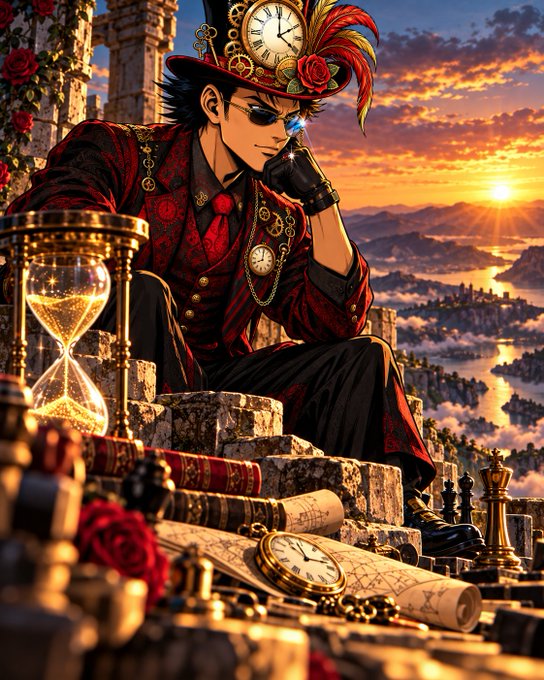 An anime-style illustration depicts a stylish character in a red top hat and ornate red coat, surrounded by clocks, hourglasses, and books, set against a dramatic sunset landscape.