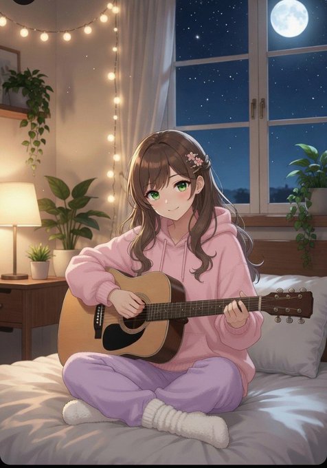 An anime-style illustration of a brown-haired girl with green eyes playing an acoustic guitar while sitting cross-legged on a bed, wearing a pink hoodie and purple pants, with a moonlit window and string lights in the background.