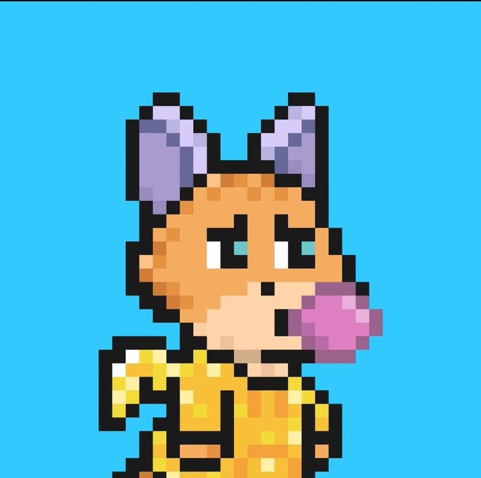 A pixel art illustration of an orange fox-like character blowing a pink bubblegum bubble against a bright blue background, reflecting the casual, laid-back vibe of the message about enjoying the Hedera community without any noise or fuss.