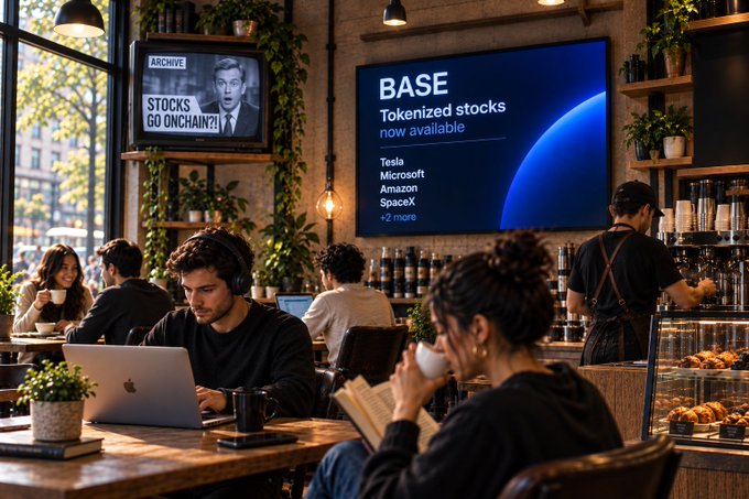 People working and relaxing in a cafe setting with a large digital screen displaying an ad for 'BASE Tokenized stocks now available' featuring Tesla, Microsoft, Amazon, and SpaceX.