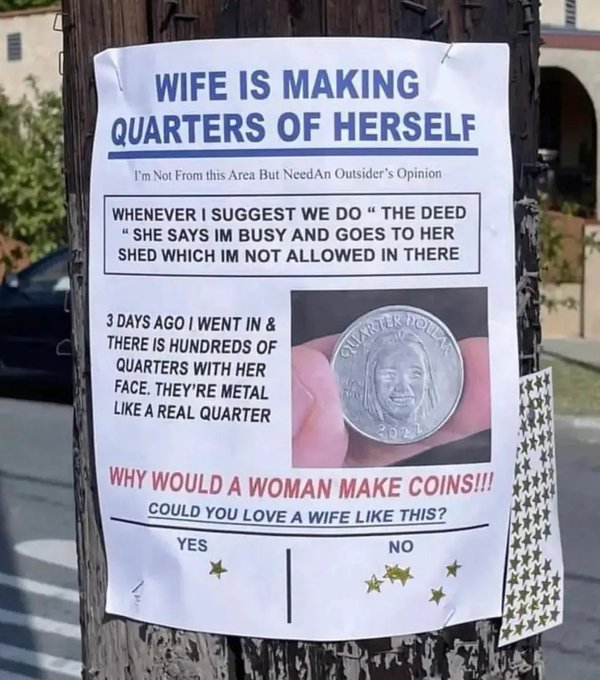 A flyer taped to a pole asks 'WIFE IS MAKING QUARTERS OF HERSELF' with a description of finding coins with her face in her shed, asking 'WHY WOULD A WOMAN MAKE COINS!!!' alongside an image of a coin.