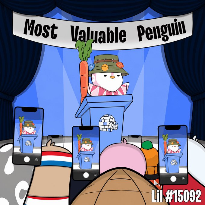 A cartoon penguin wearing a hat and holding a carrot stands at a podium under a 'Most Valuable Penguin' banner, with smartphones showing the same scene in the foreground.