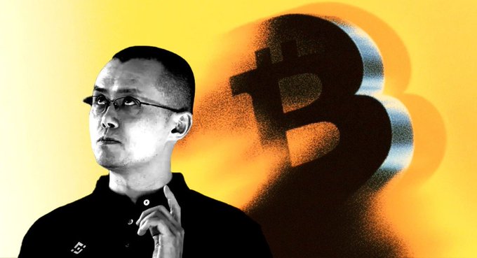 A man, possibly "CZ" from the accompanying text, looks thoughtfully towards a large, stylized Bitcoin "$BTC" symbol casting a shadow. This image visually represents the post's theme of changing Bitcoin cycles due to market evolution.