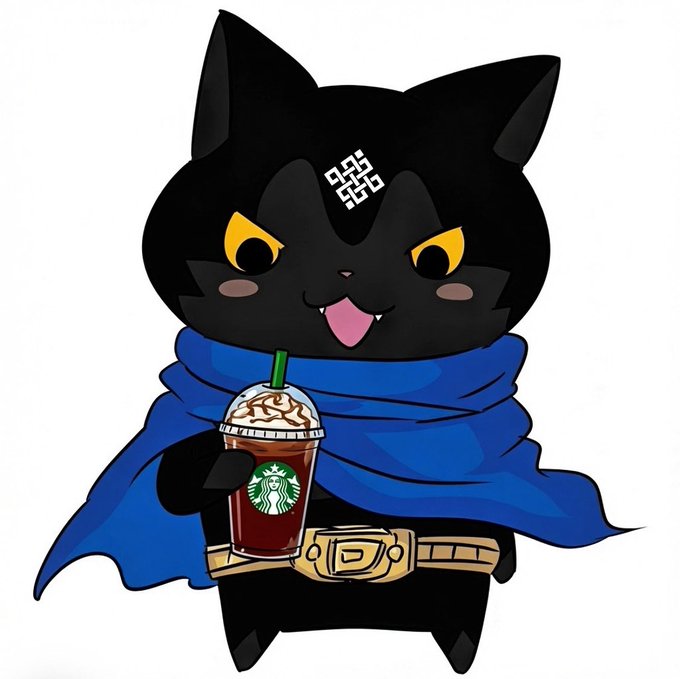 This is a very detailed cartoon illustration of a black cat, Siggy, playing a warrior, complete with cape, belt, and while holding a Starbucks Caramel Macchiato it is clear that he is enjoying his drink very much. The tweet was responding to @ritualnet's question in hopes of launching their new portal, reigniting Kraken's The Gifts of Coffee campaign with a fun, creative option as part of their advertising campaign.