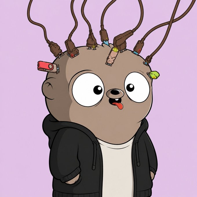 A cartoon illustration of a chubby brown character with wide eyes and a red tongue sticking out, wearing a black hoodie, with various USB cables and charging devices plugged into its head.