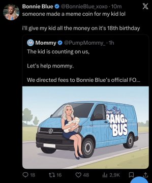 A tweet from @BonnieBluexoxo shows a cartoon van labeled "Bonnie Blue's BANG BUS" containing her meme coin announcement, paired with a reply from @PumpMommy_ stating the $BANG token is counting down, highlighting her promotion of a memecoin that allegedly crashed 80% shortly after launch.