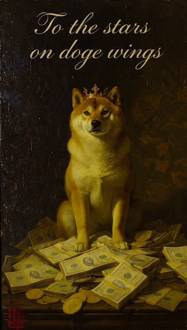 A Renaissance-style portrait of a Shiba Inu dog wearing a crown, sitting on a pile of money, with the cursive text 'To the stars on doge wings' above.