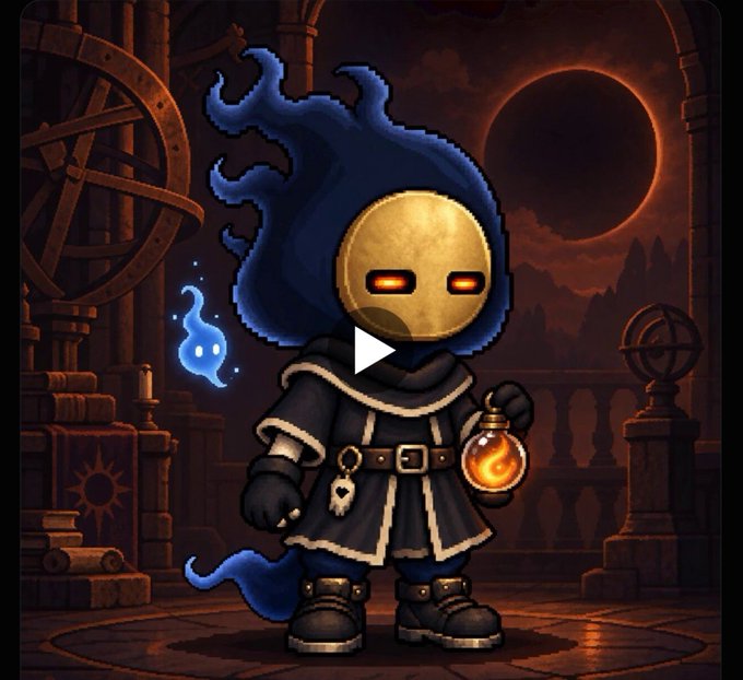 A digital illustration of a hooded character with a golden mask holding a glowing orange potion bottle, accompanied by a small blue flame creature in a candlelit library setting with a solar eclipse visible through a window.