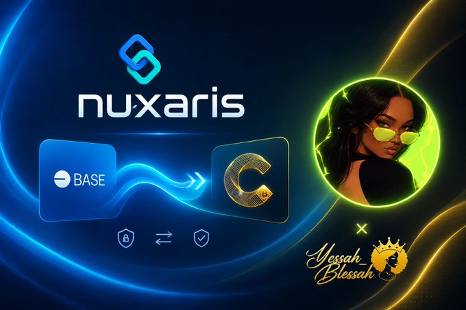 A digital graphic promoting "nuxaris" showing a connection between "BASE" and a coin symbol, alongside a portrait of a woman in neon sunglasses and the "Yessah Blessah" logo.