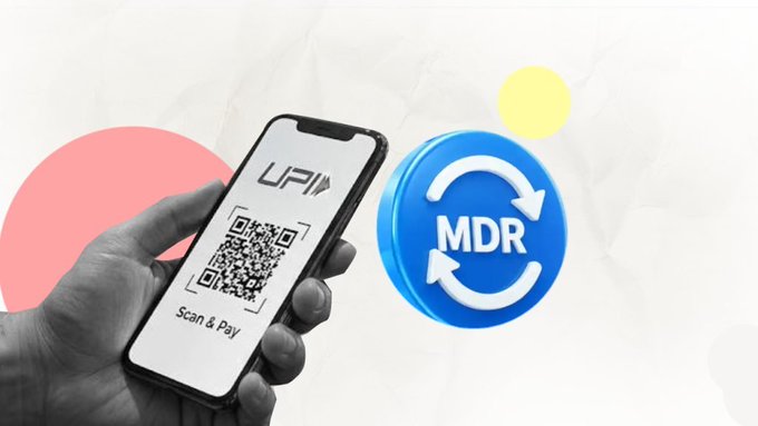 The image shows a hand holding a smartphone displaying a UPI QR code labeled "Scan & Pay," positioned next to a blue circular icon with "MDR" and refresh arrows, visually representing the potential postponement of UPI Merchant Discount Rate (MDR) implementation as proposed by NPCI.