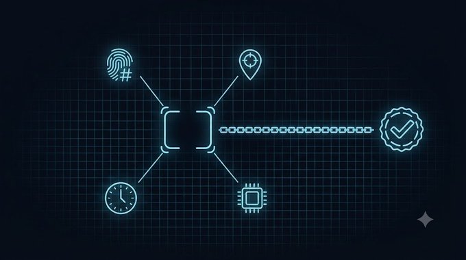 A digital illustration on a dark blue grid background depicting a chain connecting a central code bracket symbol to various icons including a fingerprint, target, verification badge, clock, and microchip.