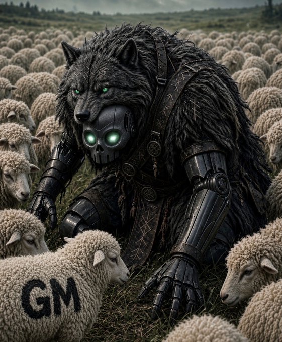 A digital artwork depicting a large armored black wolf warrior with a glowing-eyed mask standing among a flock of sheep, one of which has 'GM' marked on its wool.