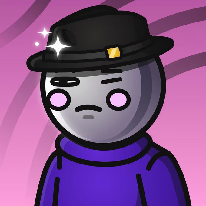 Cartoon character with a gray face, pink glowing eyes, and a black hat with a gold buckle wearing a purple hoodie against a pink background.