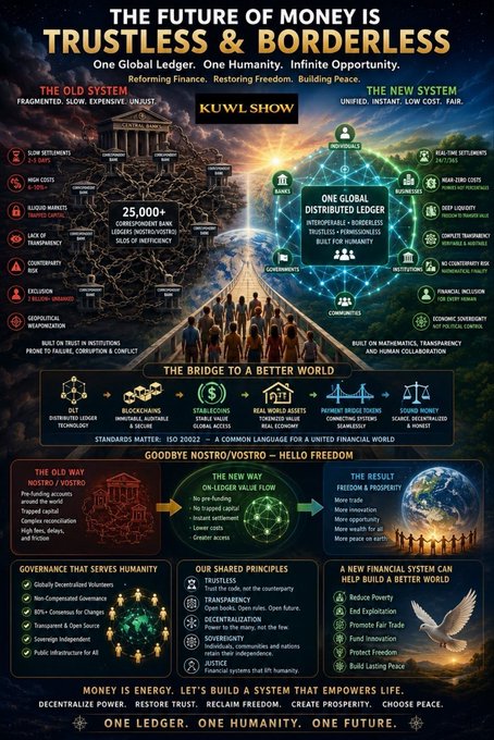 A KuCoin Show infographic titled "The Future of Money is Trustless & Borderless," promoting a unified global ledger with "One Global Distributed Ledger" replacing the current fragmented system of 25,000+ ledgers, highlighting features like DLT, blockchain, stablecoins, and sound money to reduce poverty, end exploitation, and build lasting peace.