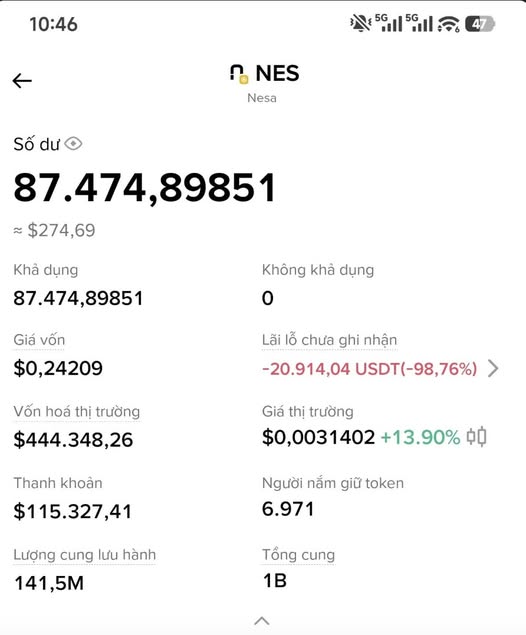 Mobile cryptocurrency wallet screenshot showing token 'NES' (Nesa) balance of 87.47489851 valued at approximately $274.69, with a market cap of $444,348.26 and circulating supply of 141.5M.