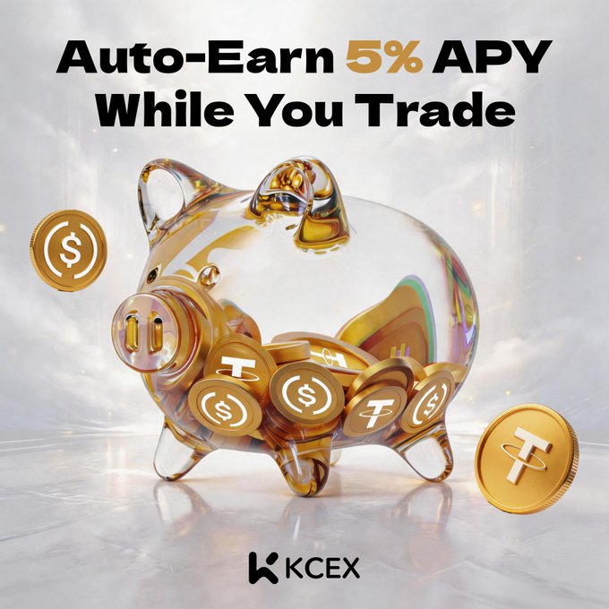The image features a clear piggy bank placed on a white surface. The piggy bank is filled with gold coins, including some USDC coins that are worth USDC 0.73 units each. Below the piggy bank, there's text in black that reads "Your USDT/USDC still earning 0% in the bank? KCEX hands you 5% APY — automatically, every single day. No lock-up Zero effort Trade or withdraw anytime". This image is related to a post discussing Auto-Earn 5% APY While You Trade or Withdraw Anytime, specifically emphasizing the potential growth of an individual's assets while they sleep and the low investment required.