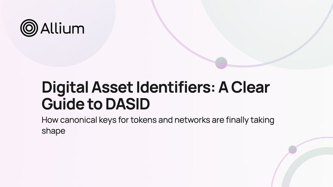 A promotional graphic for 'Allium' featuring the title 'Digital Asset Identifiers: A Clear Guide to DASID' and the subtitle 'How canonical keys for tokens and networks are finally taking shape' on a light purple background.