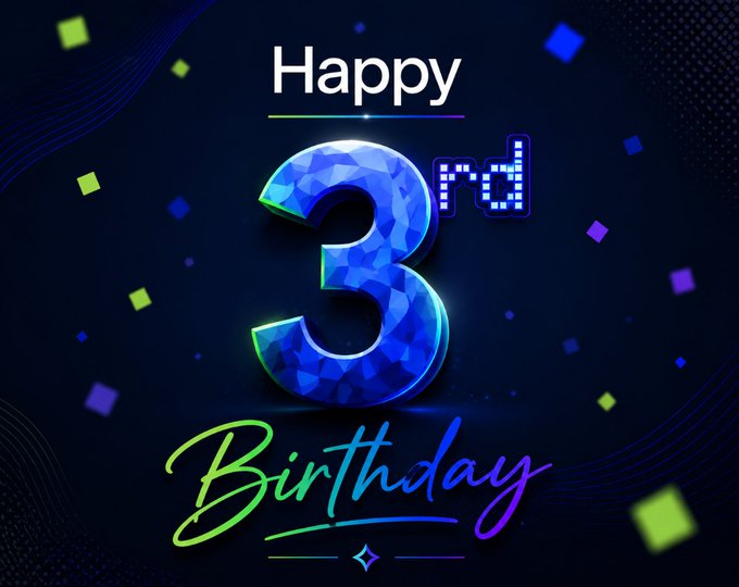The image displays a festive "Happy 3rd Birthday" graphic featuring a large, faceted blue "3rd" surrounded by colorful confetti against a dark background, celebrating Base's 3-year anniversary as referenced in the accompanying post about OceanSky being built on the Base ecosystem.