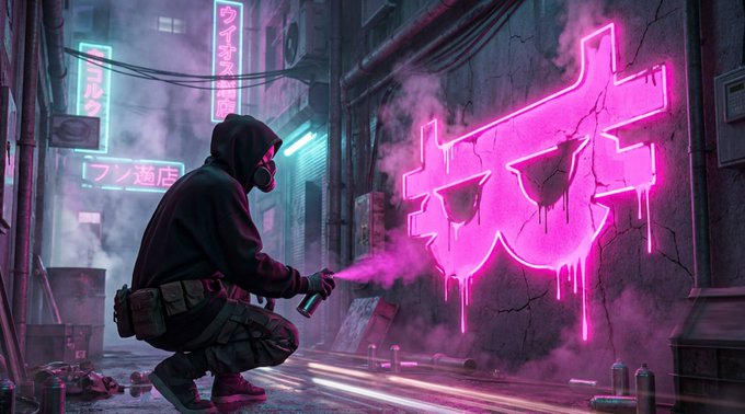 A cyberpunk-style digital artwork showing a masked figure in a hoodie spray-painting a pink neon graffiti face mask on a wall in a misty alley with Japanese neon signs.