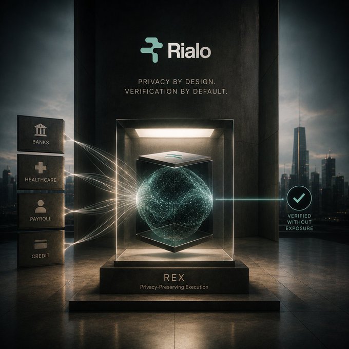 A promotional banner for "Rialo" featuring a glowing cube labeled "REX Privacy-Preserving Execution" with the slogans "PRIVACY BY DESIGN. VERIFICATION BY DEFAULT." and "VERIFIED WITHOUT EXPOSURE".