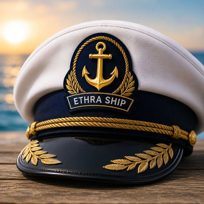 A close-up of a white and navy blue captain's hat with gold rope detailing, an anchor emblem, and the text 'ETHRA SHIP' against a sunset ocean backdrop.