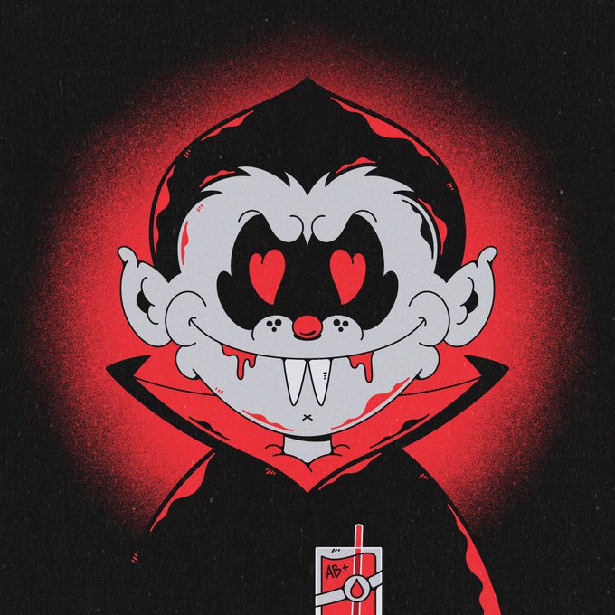 A cartoon werewolf character with grey fur, black hair, a red nose, and heart-shaped red eyes wears a black cloak with a high red collar, set against a red and black background, holding a juice box labeled "AB+" blood type. The image ties into the post as a stylized collectible avatar celebrating the user's rare Werewolf NFT ownership and pride in being part of an exclusive collector community.