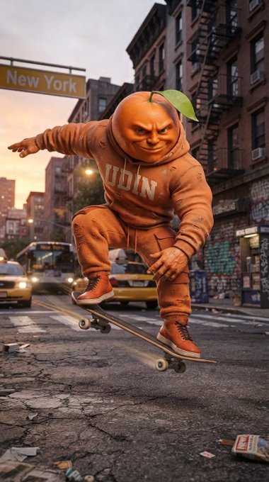 An AI-generated image showing a person with an orange pumpkin head wearing an orange 'DUBIN' hoodie, performing a skateboard trick on a New York City street with a 'New York' street sign visible.