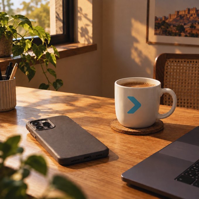 A cozy workspace scene featuring a coffee mug branded with the blue Bitget chevron logo on a wooden desk, alongside a smartphone, laptop, and potted plants bathed in warm sunlight. The mug's Bitget branding ties into the post's playful plea for the crypto market to "cooperate" while enjoying a coffee break with Bitget Wallet.