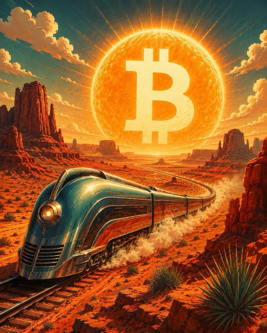 A retro-futuristic digital art illustration showing a streamlined art deco train traveling through a desert landscape with red rock formations, with a giant glowing Bitcoin symbol as the sun in the sky.