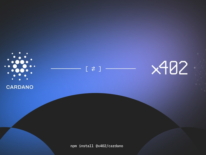 The image displays a promotional graphic for Cardano's integration with x402, featuring the Cardano logo on the left and the "x402" branding on the right, connected by a horizontal line with "[ ₳ ]" symbol in the center on a blue gradient background, with the installation command "npm install @x402/cardano" at the bottom.