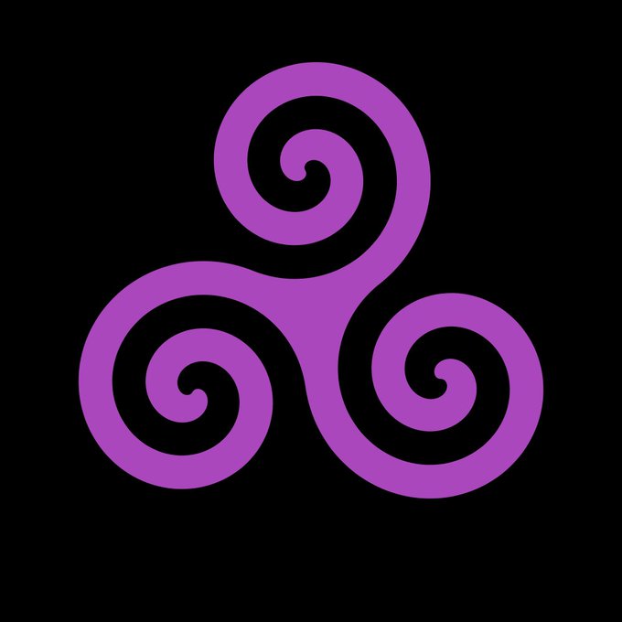 A purple triskelion symbol (three interlocking spirals) on a black background.