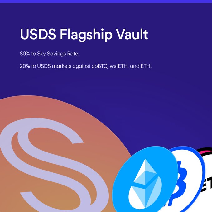 The image features a poster for a cryptocurrency wallet service called the USDS Flagship Vault. The central focus of the image is an illustration of the USDS logo, which includes the letters 'S' and 'B'. In front of the logo, there are several circles depicting different types of cryptocurrencies such as Bitcoin (represented by a blue square), Ripple (a yellow circle), and ether (also a blue square). The image also contains text that explains the features of the USDS Flagship Vault service.