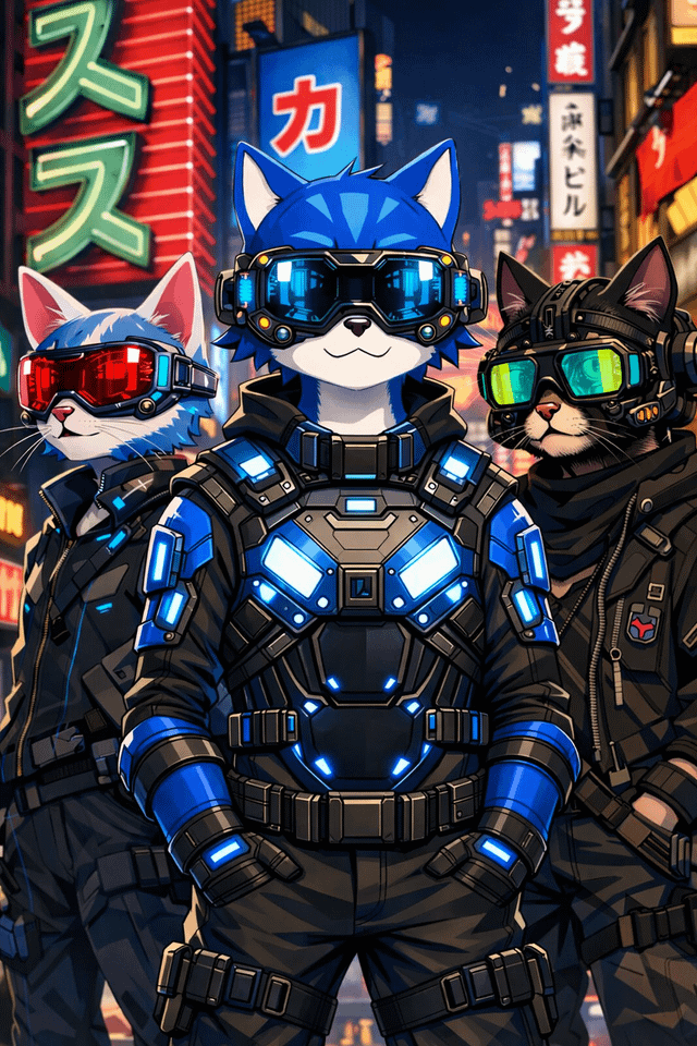 Three anthropomorphic cats in futuristic tactical gear and glowing visors stand together in a neon-lit cyberpunk cityscape featuring Japanese signage, with the bold "TOSHI" text evoking the "TOSHI...." post's suggestive energy, reinforcing the meme's reference to the "Toshi-chan" viral "The End" girl expression.