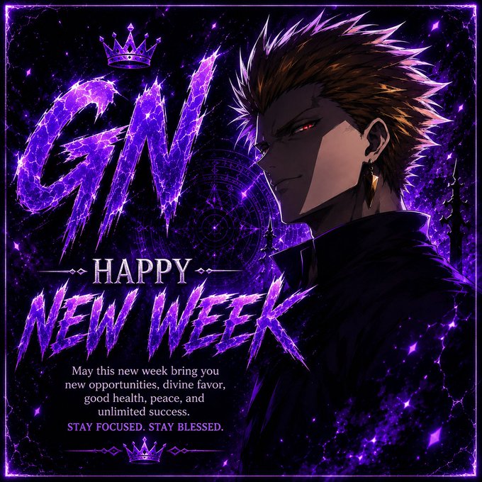 The image is a stylized "Happy New Week" graphic featuring a spiky-haired anime character with red eyes set against a cosmic purple background, with inspirational text wishing "new opportunities, divine favor, good health, peace, and unlimited success." The post relates to the image as a goodnight sendoff to $ANSEM holders, using the "GN" (Good Night) text and nighttime-themed artwork to bid farewell before a new week.