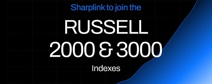 The image features a banner with blue and black colors, displaying information about Russell 2000 & 3000 Indexes. The text "Sharplink to join the Russell 2000 & 3000 Indexes" is written at the top of the banner. Below this, there are two lines of text that read " Russell 2000 & 3000 " and " Indexes". These lines of text provide details about the index being referred to in the image.
