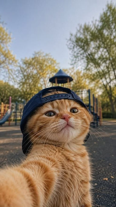 A charming close-up selfie of an orange tabby cat wearing a dark blue baseball cap backwards, taken at a playground on a sunny day.
