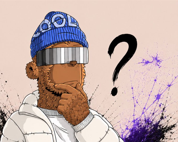 A stylized cartoon illustration of a bearded character wearing a blue beanie with 'COOL' text and futuristic shutter shades, posing thoughtfully next to a large question mark on a beige background with purple paint splatters.