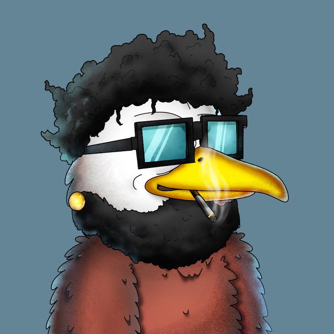 A cartoon duck with a black afro, beard, pixelated sunglasses, and a cigarette dangling from its yellow beak matches the "GM GM GEEE EEEM" post as a bold, meme-style "good morning" greeting — the duck's "GQ" vibe playing on the repeated "GM" energy with a stylized, urban twist.