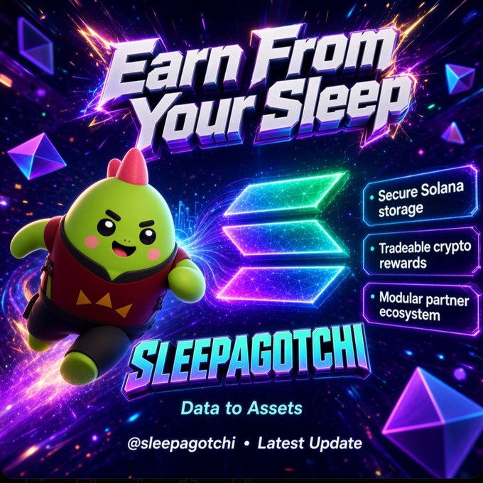 A promotional graphic for **Sleepagotchi** featuring a green, bunny-eared virtual mascot beside the headline "Earn From Your Sleep," with three glowing feature badges highlighting "Secure Solana storage," "Tradeable crypto rewards," and "Modular partner ecosystem," above the tagline "Data to Assets."

The image visually reinforces the post's description of Sleepagotchi's evolution from a sleep-to-earn gamified app into a broader crypto-integrated platform, as the featured traits—Solana blockchain storage, tokenized rewards, and partner integrations—signal its expansion beyond simple bedtime tracking.