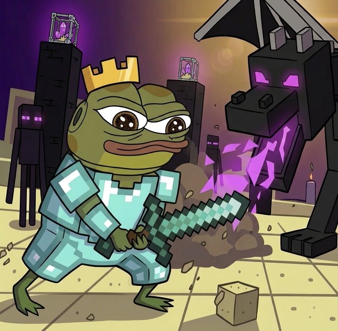 A cartoon frog character wearing a crown and diamond armor holds a pixelated sword while facing a blocky black creature with glowing purple eyes in a Minecraft-style scene.