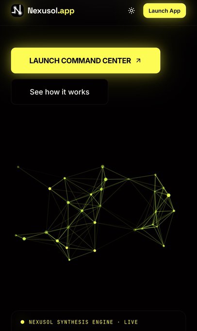 Nexusol.app splash screen with a 'LAUNCH COMMAND CENTER' button and 'Nexusol Synthesis Engine - Live' at the bottom, featuring a glowing green network graphic.