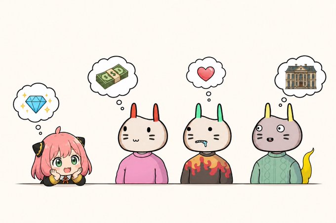 The image features a cartoon illustration of four anthropomorphic animals, including two cats, one dog, and another cat, sitting next to each other with thought bubbles above their heads. The first thought bubble contains money, while the second thought bubble has a heart and a house. The third thought bubble shows an ear sticking out from the head of the cat on the left side, and the fourth thought bubble features a yellow banana.