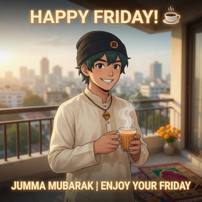 An anime-style illustration shows a young man in a white traditional tunic and beanie smiling while holding a steaming cup of tea on a balcony overlooking a cityscape at sunrise, with the text "HAPPY FRIDAY!" and "JUMMA MUBARAK | ENJOY YOUR FRIDAY." The image aligns with the post's greeting, reinforcing the Friday and Jumma Mubarak wishes as the author promotes engagement around the $BASE airdrop.