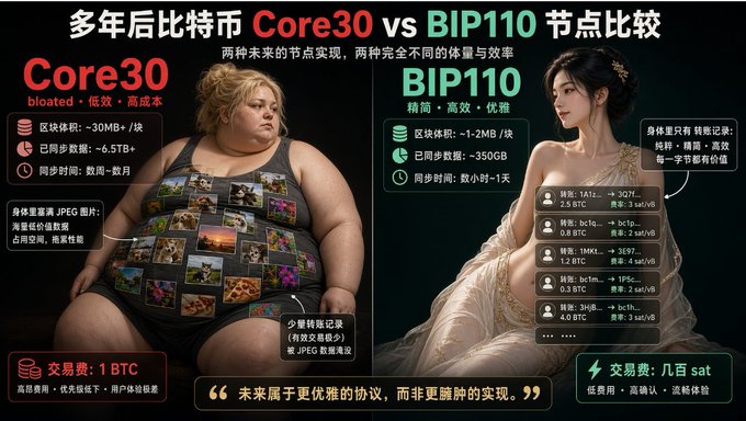 A comparison graphic titled "多年后比特币 Core30 vs BIP110 节点比较" contrasting bloated Core30 node implementation with ~30MB blocks and 1 BTC fees against the more efficient BIP110 node with ~1-2MB blocks and low sat fees.