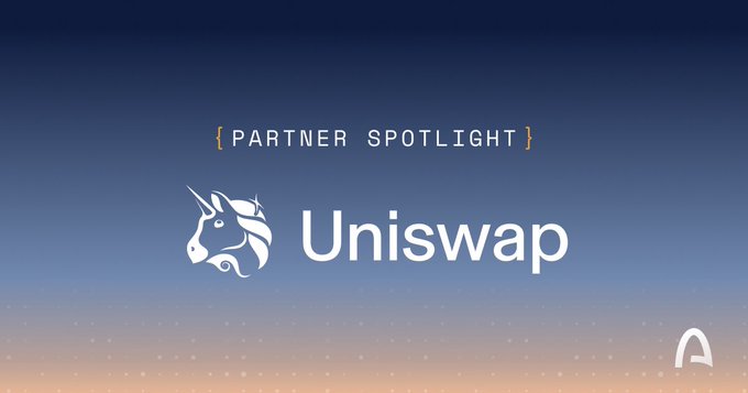 The image shows a large white unicorn logo with an orange horn against a background of dark blue at the bottom right corner. Below this logo, there's text that says "Uniswap" followed by "Partner Spotlight". There are also two lines of code in a smaller font below the title, and two lines of code above it, both written in HTML. The content of the image appears to be promotional for Uniswap, highlighting its importance as a platform for building on users' cryptocurrency platforms or wallets.