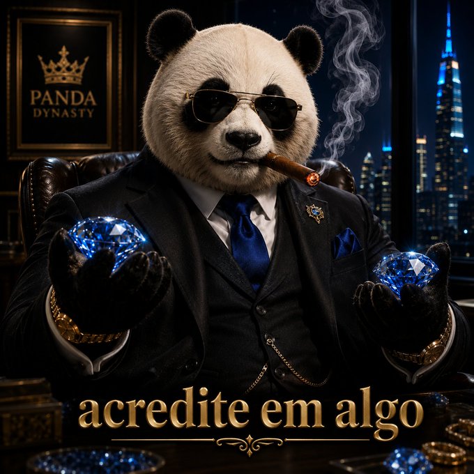 The image features a stylized panda in a suit and sunglasses smoking a cigar, holding two large blue diamonds, with a "PANDA DYNASTY" crown logo in the background and the text "acredite em algo" displayed below.

The image satirizes the post's message about opportunistic crypto influencers and projects that emerge during bear markets to hype trash coins, using the diamond-wielding, cigar-smoking "Panda Dynasty" mascot as a visual metaphor for the flashy, wealth-peddling personas that appear during downturns only to disappear once the hype fades.