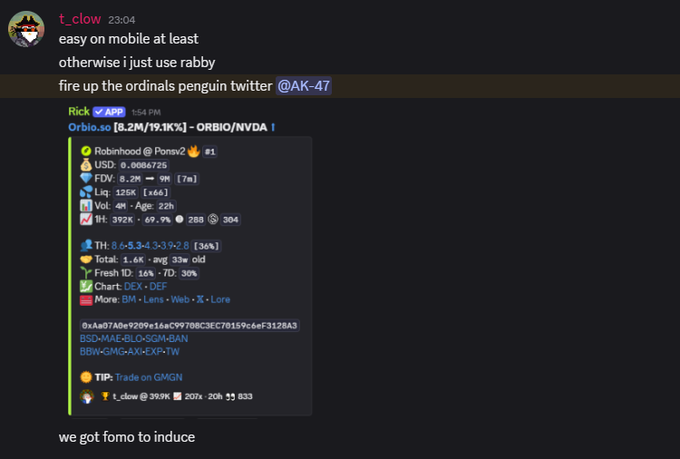 A Discord message from user 't_clow' discussing mobile options and Rabby, with a GMGN token analysis card for 'Orbio.so' showing a market cap of $6.2M, 69.9% FDV, and DEX liquidity details.